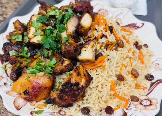 5. Tandoori Beef Tikka Kabob Over Pulao Rice.