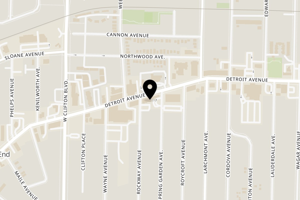 Map showing the location of Khan's Pizza & Kabobs on 17615 Detroit Ave in Lakewood